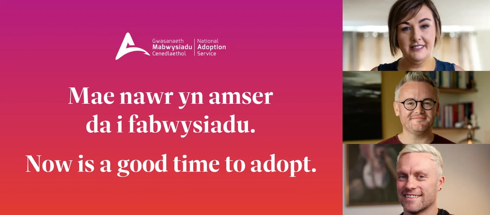 Three headshots are displayed in a vertical column to the right, featuring a woman, a man with glasses, and a man with blond hair, all smiling, next to a gradient background with text about adoption.